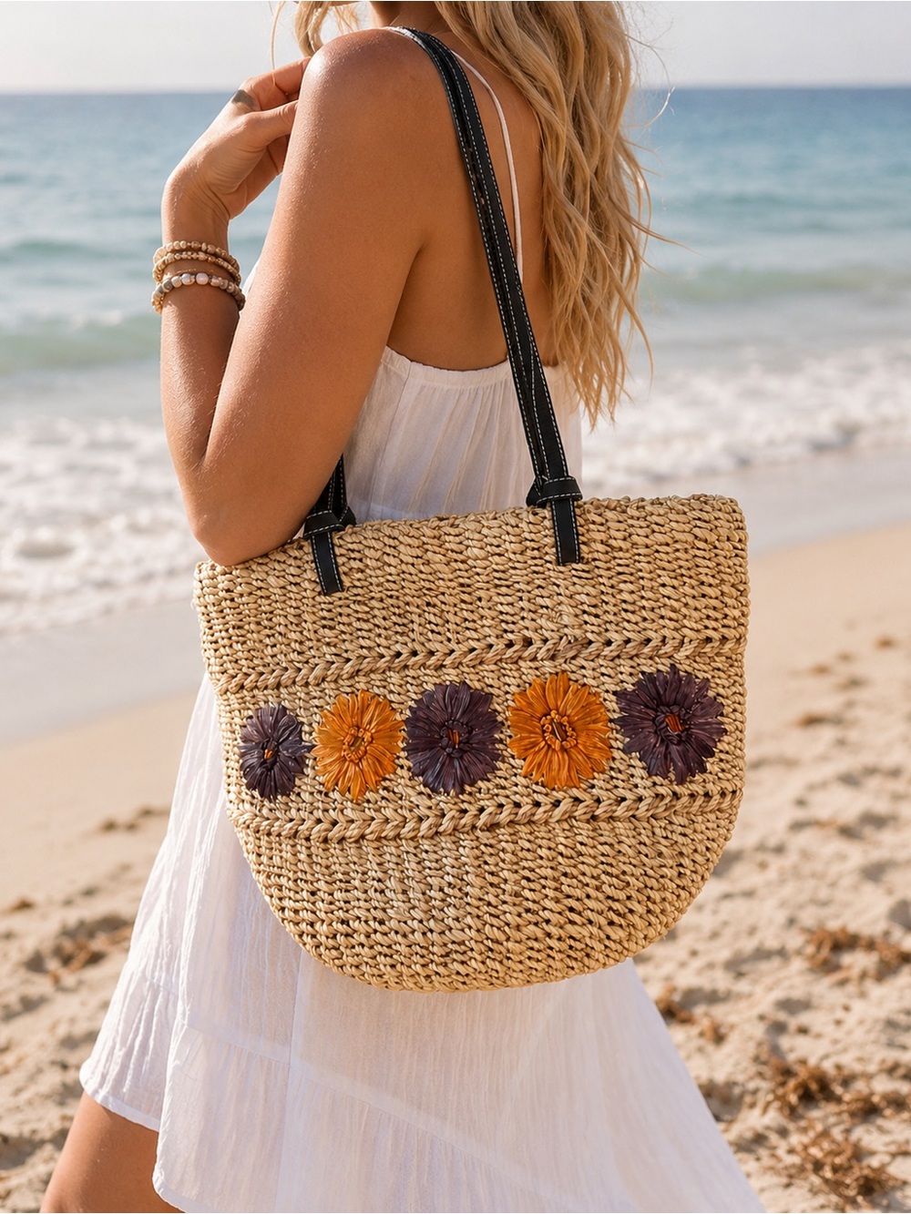 Woven Straw Tote Bag with Orange & Purple Flower Trim